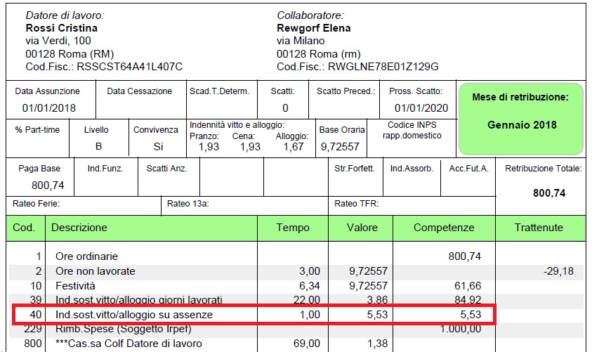 vitto alloggio ferie festività colf e badanti cedolino